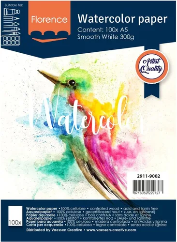 Vaessen Creative Florence Aquarellpapier A5 en Weiß, aus 10.58 oz/m² Glatte Papier, 100 Blatt für Aquarellmalerei, Handlettering und Brush