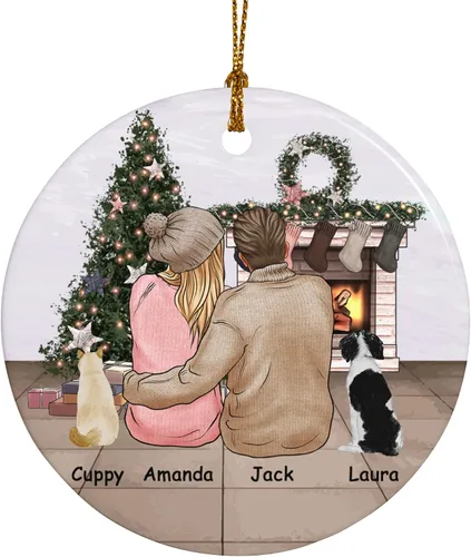 Adorno de Navidad familiar personalizado 2022, nombre personalizado de raza, gato, perro, para pareja de Navidad, círculo redondo, adorno de