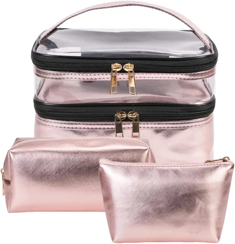 Miniatura 14 de FITINI 3 piezas de bolsas de maquillaje de doble capa, organizador de grandes estuches de cosméticos de viaje, bolsas de aseo impermeables, pequeña
