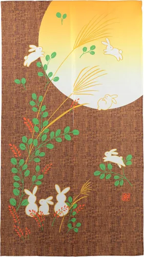 Miniatura 2 de Cortina japonesa Noren para puerta, tapiz de conejo bajo la luna, divisor de habitación, amarillo, 33 x 59 pulgadas