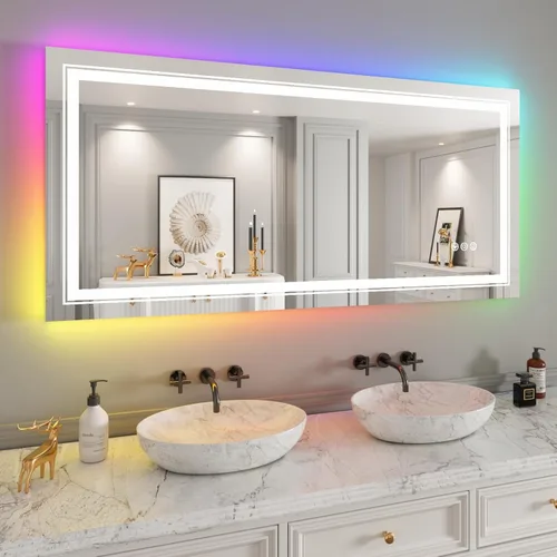 Miniatura 83 de Snowdool Espejo LED de baño, 32 x 32 pulgadas con luz frontal y retroiluminada, antivaho, espejo de tocador de baño para pared, función de memoria