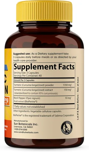 Miniatura 2 de SANDHUHERBALS Curcumina de cúrcuma orgánica 120 cápsulas con suplemento de extracto de pimienta negra bioperina 1500 mg con 95% de curcuminoides