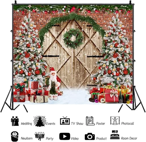 Miniatura 2 de Telón de fondo de Navidad de invierno de 10 x 8 pies, puerta rústica de madera de granero, ladrillo rojo, Papá Noel, fondo de fotografía, árbol