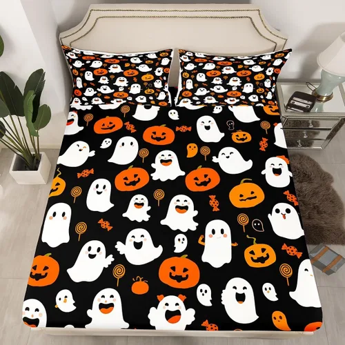 Miniatura 24 de Juego de sábanas bajeras con bonito diseño de gato negro para niños y niñas, diseño de dibujos animados de Halloween, gato, animales, sábanas