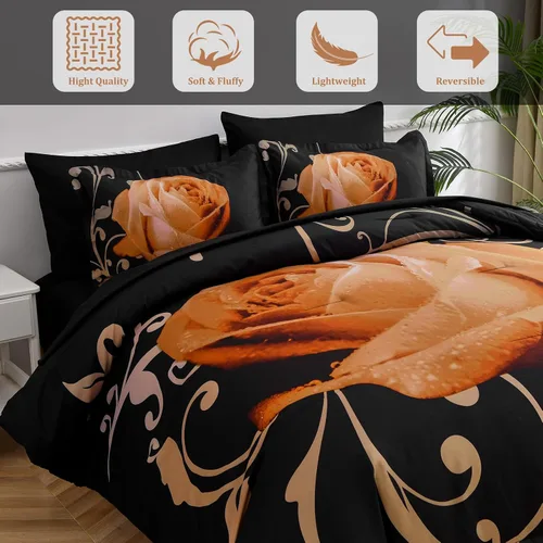 Miniatura 4 de Xruibed Juego de edredón floral tamaño King de 7 piezas en una bolsa, edredón de flores de rosa naranja con juego de sábanas de microfibra suave