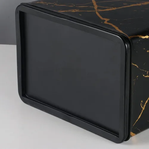 Miniatura 4 de Basurero pequeño de oficina para dormitorio, papelera rectangular delgada para baño, cocina, 2.6 galones (mármol negro dorado)