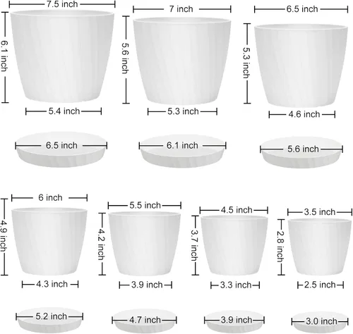 Miniatura 5 de YNNICO 7 piezas Macetas con Orificios de Drenaje y Platillos, Maceteros de Interior, Juego de 7 (7.5, 7, 6.5, 6, 5.5, 4.5, 3.5 Pulgadas), Blanco