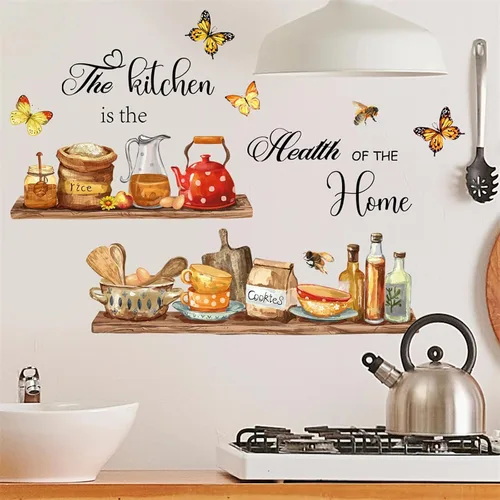 Miniatura 3 de Adhesivos de pared para estante de utensilios de cocina, sacinora The Kitchen is the Heart of Home, calcomanía de pared de abeja de mariposa, vinilo
