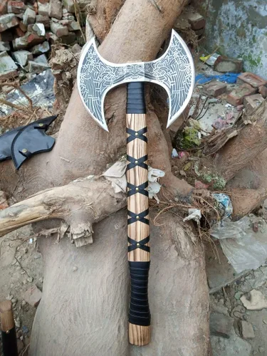 Miniatura 8 de Hacha vikinga de doble cabeza forjada a mano – Hacha de batalla de acero al carbono Odin de 27 pulgadas con mango de madera envuelto en cuero