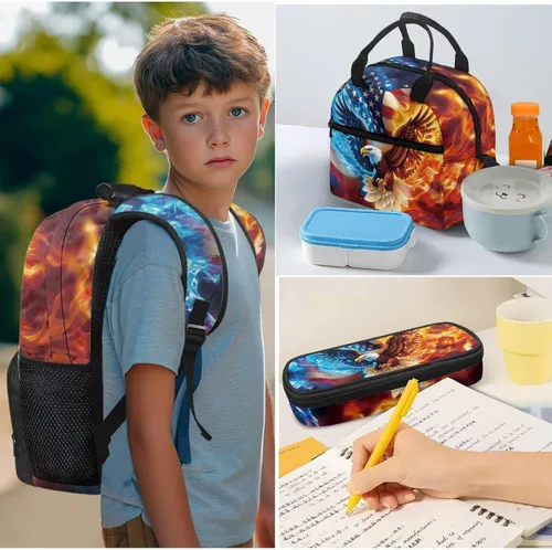 Miniatura 6 de Bulopur Eagle American Flag Print Kids Backpack Boys Elementary School 17 Inch Bookbag With Lunch Bag Water Bottle Holder Keychain Pencil Case 5