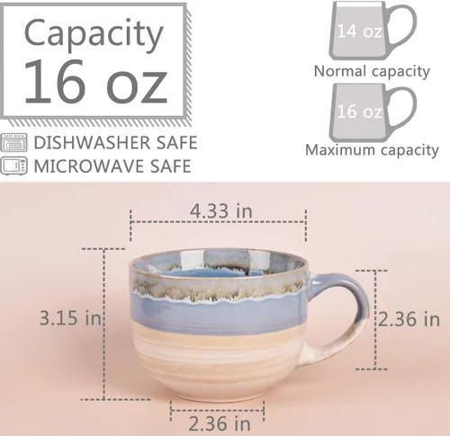 Miniatura 2 de Bosmarlin Juego de 2 tazas de café grandes de cerámica, tazas de café jumbo de gres para oficina y hogar, 16 onzas, aptas para lavavajillas y Azul