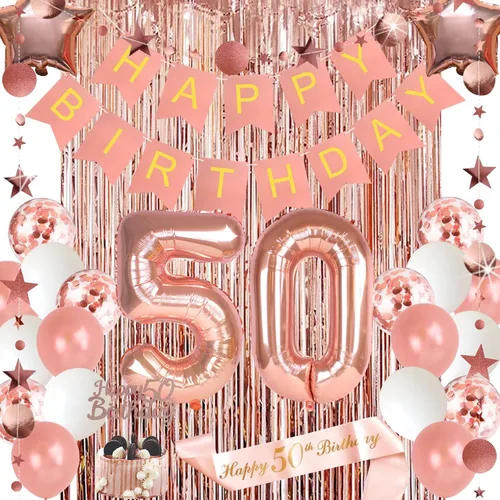 Decoraciones de cumpleaños número 50 para mujer, pancarta de feliz cumpleaños 50 para decoración de pastel de cumpleaños 50, banda de cortina de oro