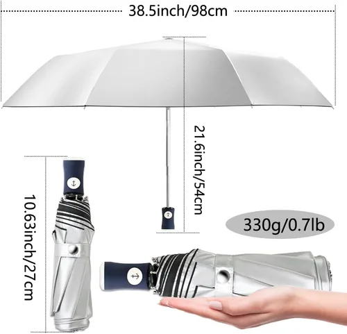 Miniatura 17 de FDJASGY Capa de revestimiento plateado, bloqueo de tela UV 99.9%, paraguas compacto plegable de viaje, paraguas automático resistente al viento