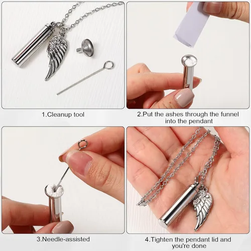 Miniatura 3 de Collar de urna para cenizas, joyería de cremación cilíndrica con dije de ala de ángel, recuerdo conmemorativo, recuerdo para mujeres y hombres