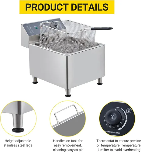 Miniatura 2 de Freidora comercial doble de 3400 W, freidora de encimera de acero inoxidable 201 con 2 cestas ajustables, tapas protectoras contra salpicaduras