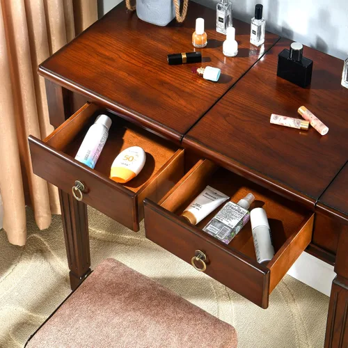 Miniatura 7 de Escritorio pequeño con juego de taburetes, mesa de tocador de maquillaje con espejo abatible y taburete tapizado, tocadores de madera maciza con 2