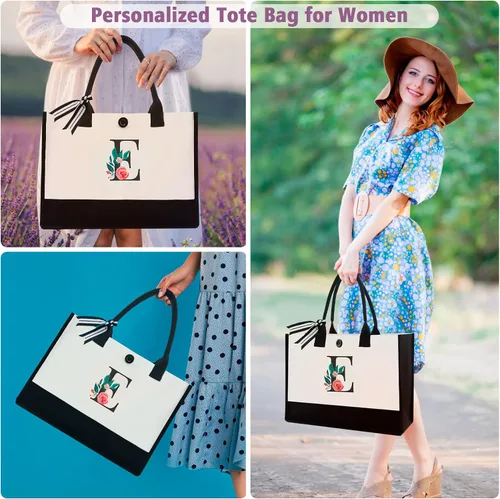Miniatura 47 de Bolsa de lona con inicial, regalos de cumpleaños personalizados para mujeres, madres, amigas y profesoras, bolsas de mano con monograma adecuadas
