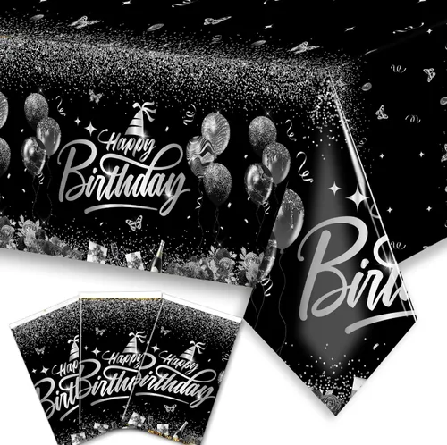 Miniatura 9 de Decoraciones de feliz cumpleaños, mantel dorado y negro, fundas rectangulares de plástico desechables para hombres y mujeres, fiesta de cumpleaños