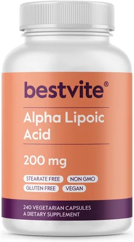 BESTVITE Ácido alfa lipoico 200 mg (por cápsula) (240 cápsulas vegetarianas) - Sin estearatos - Vegano - Sin gluten - Sin OMG