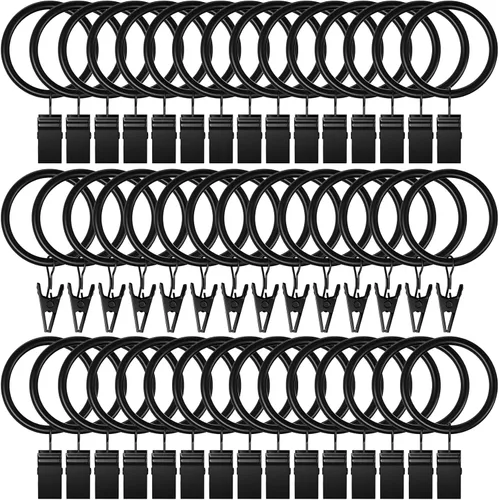 Lansian Paquete de 44 anillos de cortina con clips, ganchos de cortina de 1 pulgada de diámetro interior, anillos negros vintage para colgar