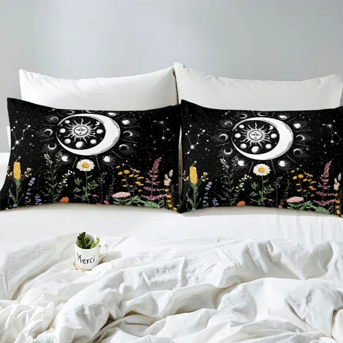 Miniatura 7 de Feelyou Juego de ropa de cama con diseño de galaxia de sol y luna para niñas, tamaño individual, constelaciones, juego de funda de edredón
