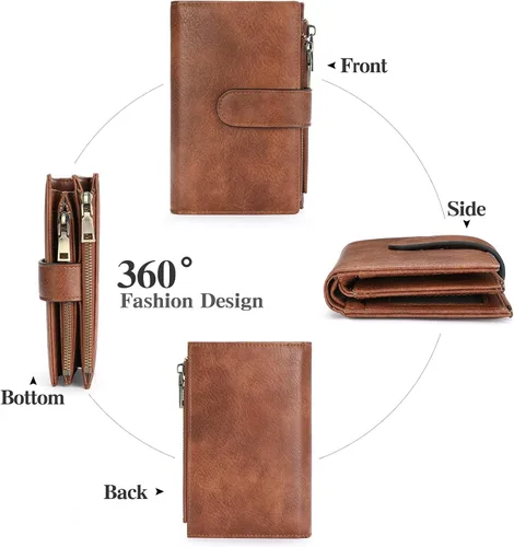 Miniatura 8 de GOIACII - Carteras para mujer con bloqueo RFID para tarjetas de crédito y 2 bolsillos con cremallera, cartera de cuero con 3 ventanas