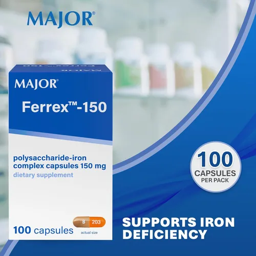 Miniatura 2 de MAJOR Ferrex-150 cápsulas complejas de polisacárido y hierro de 150 mg suplemento de hierro para mujeres y hombres - Suave con el estómago - 100