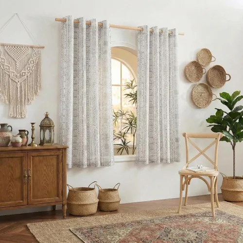 Miniatura 23 de NICETOWN Cortinas bohemias de lino transparente para sala de estar, cortinas semitransparentes de granja con patrón de rayas bohemias, cortinas Gris