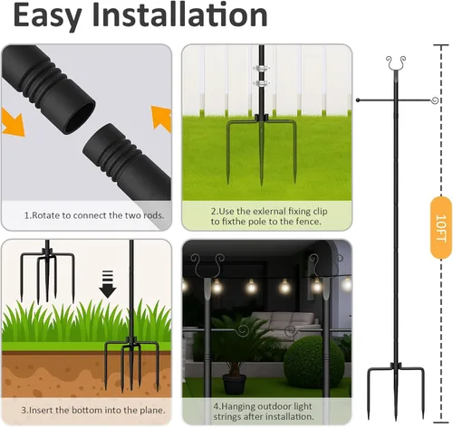 Miniatura 3 de Paquete de 2 postes de luz de cadena – postes de iluminación de metal pesado de 10 pies, soporte ajustable para exteriores con tenedor para patio