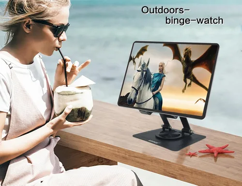 Miniatura 3 de Soporte para tablet para escritorio, con base de metal giratoria de 360°, soporte de doble varilla ajustable multiángulo, accesorios de oficina