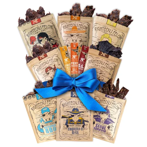 Miniatura 10 de Righteous Felon Paquete variado de cecina de res y palitos de carne – Cesta de regalo de cecina de res para el día del padre – Alta proteína, keto