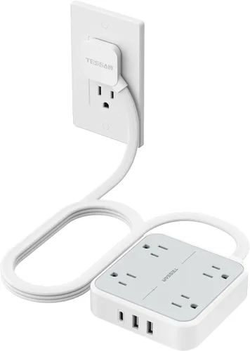 Miniatura 12 de TESSAN – Cable de extensión plano con protector de sobretensión de 10 pies, regleta de alimentación de enchufe plano con 4 salidas y 3 puertos USB
