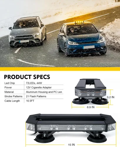 Miniatura 6 de LUMENIX Barra de luz estroboscópica de emergencia para techo con 72 luces LED con panel de control, base magnética, advertencia intermitente, barra