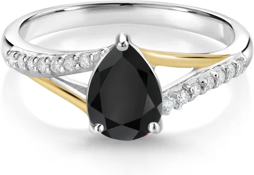 Miniatura 28 de Gem Stone King Anillo de compromiso de plata 925 y oro amarillo de 10 quilates, piedra natal con forma de pera de 0.315 x 0.236 in y diamantes