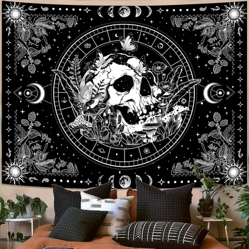 Miniatura 2 de Aipon Tapiz de esqueleto en blanco y negro para dormitorio, tapiz de calavera, setas, tapices hippie, plantas naturales, flores florales, tapiz