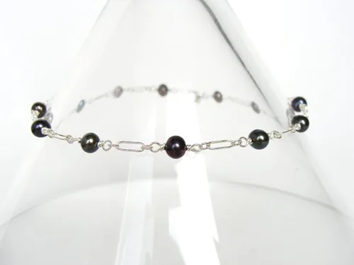 Miniatura 6 de Genuine Black Pearl Sterling Silver Anklet: handmade, dainty, adjustable length 9-10 inches