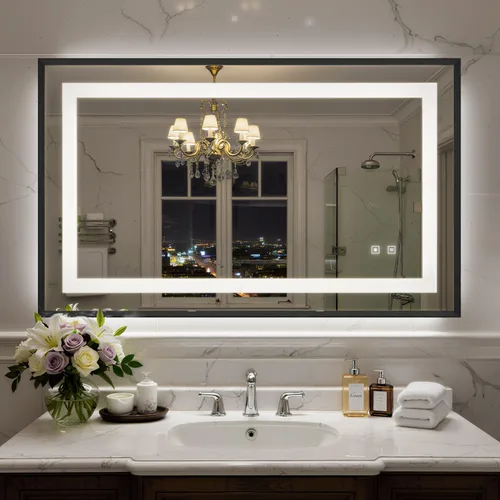 Miniatura 20 de Espejo de baño LED de 24 x 32 pulgadas con luces, espejo de tocador de baño con marco negro con luz frontal + retroiluminación para pared, vidrio