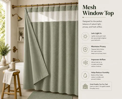 Miniatura 5 de Cortina de ducha con tejido de punto gofre, con forro de tela impermeable a presión, ventana superior de malla, resistente al agua, lavable a