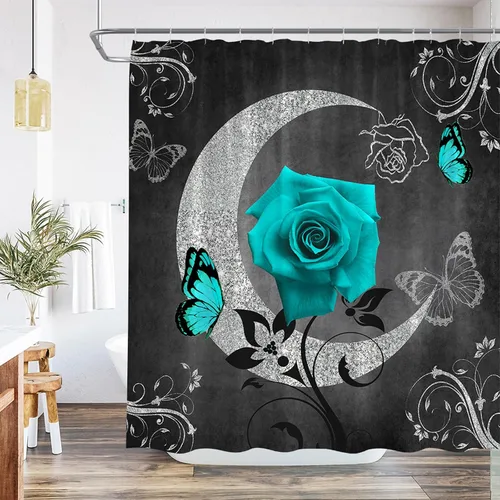 Cortina de ducha con diseño de mariposas y rosas, color turquesa, azul, verde, floral, negro, gris, moderno, creativo, abstracto, decoración, tela,