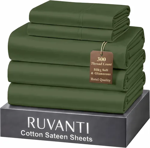 Miniatura 38 de RUVANTI Juego de sábanas de 100 % algodón tamaño matrimonial, tejido de satén suave y sedoso de 300 hilos, refrescante, ligero y transpirable, Beige