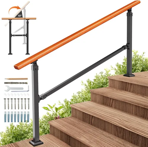 Miniatura 11 de Kit de pasamanos de escalera al aire libre UOKRR, pasamanos de hierro con grano de madera para interior, se adapta a 1-2 escalones