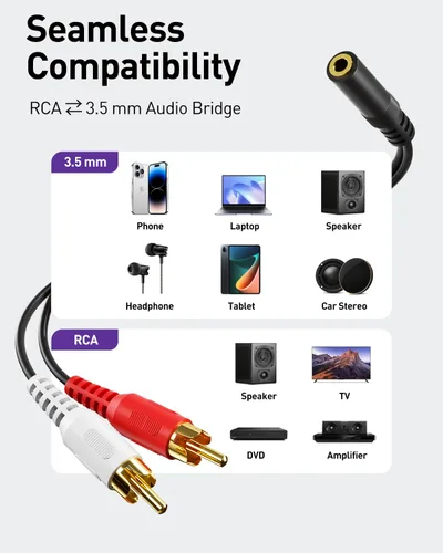 Miniatura 2 de VCE Cable divisor de audio estéreo macho de 0.138 in a RCA, paquete de 2, adaptador chapado en oro compatible con TV, teléfonos inteligentes, MP3