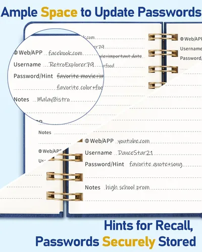 Miniatura 25 de WEMATE Libro de contraseñas con pestañas alfabéticas, libro en espiral para personas mayores, cuaderno de contraseñas de Internet, diario
