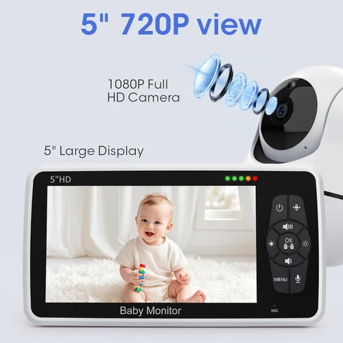 Miniatura 3 de Babystar Monitor de bebé con cámara y audio, resolución HD 720P, pantalla de 5 pulgadas, 4000 mAh hasta 22 horas de batería, zoom panorámico remoto