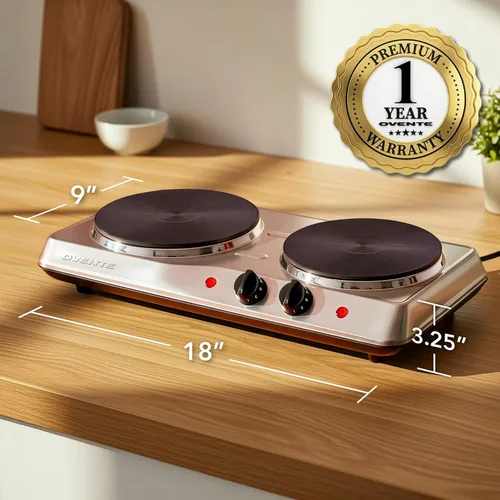Miniatura 7 de OVENTE - Quemador eléctrico de doble encimera, 1700W, olla de cocina con placas calientes de hierro fundido de 7.25" y 6.10", control de BGS102S