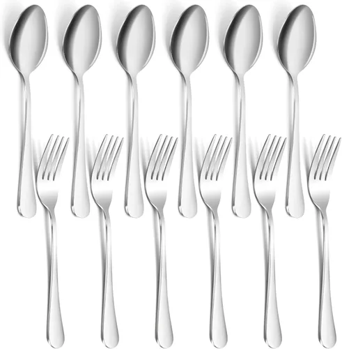Miniatura 9 de Juego de 12 cucharas y tenedores, cubiertos de acero inoxidable de grado alimenticio, 6 tenedores (6.8 pulgadas) y 6 cucharas (6.6 pulgadas), juego