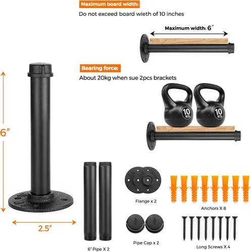 Miniatura 2 de Perchero flotante de tubo industrial negro de 6 pulgadas montado en la pared, estante de ropa resistente para colgar, barra de colgar multiuso