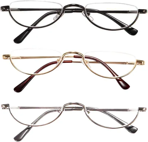 Miniatura 10 de Lentes de lectura de media lectura, 2 pares de lentes con marco de metal de medio borde, lectores de bisagra de resorte con bolsa de cuero para Azul