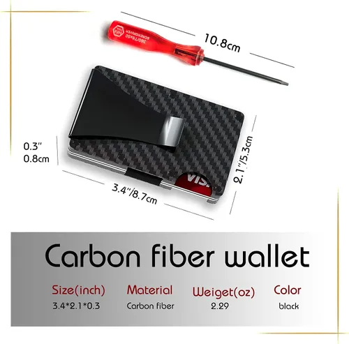 Miniatura 3 de Lywencom Billetera de fibra de carbono, bloqueo RFID tarjeta antirrobo ultra delgada titular de crédito en efectivo negro, clip de dinero de metal