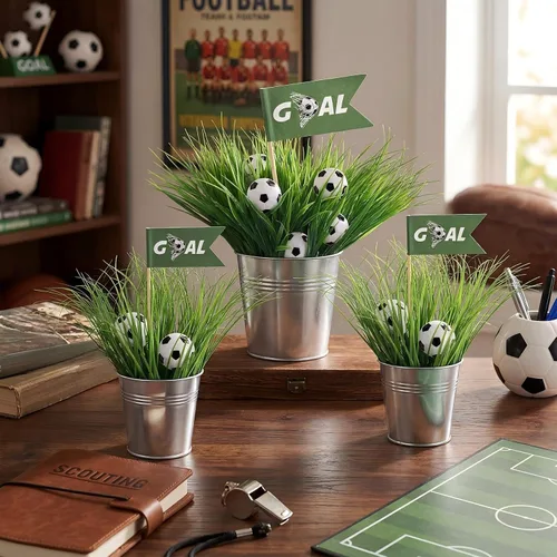 Miniatura 6 de Juego de 8 162 piezas de decoración de mesa de fiesta de fútbol, centros de mesa de fiesta temática deportiva, 8 cubos de metal, 24 mini fútbol, 120